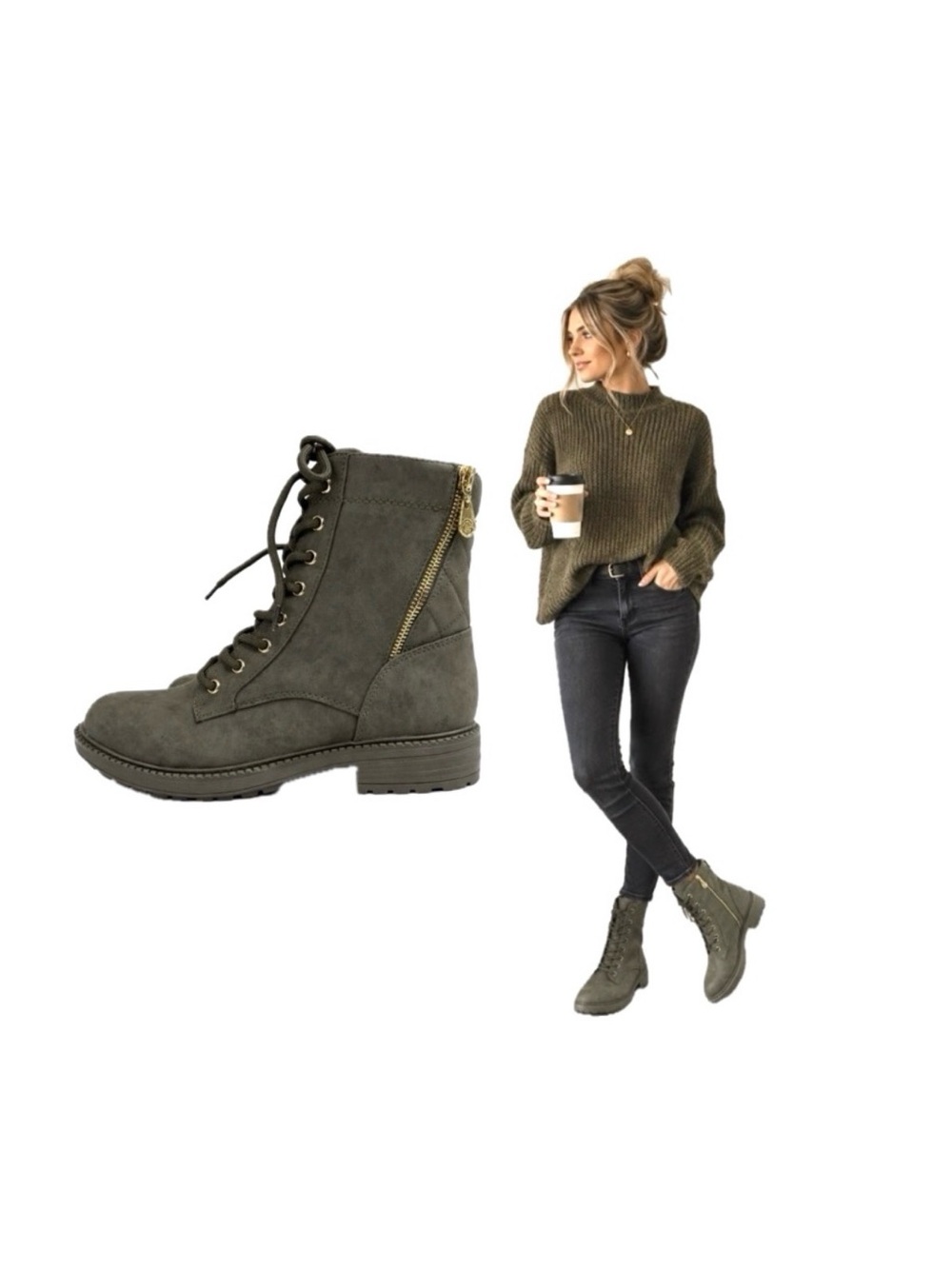 GBG Los Angeles , Olive Lace-Up Combat Boots gold Zipper – Size 8